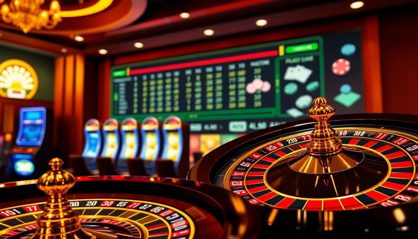 TG88 online casino setting with glamorous roulette wheel and vibrant slot machines, inviting engagement.