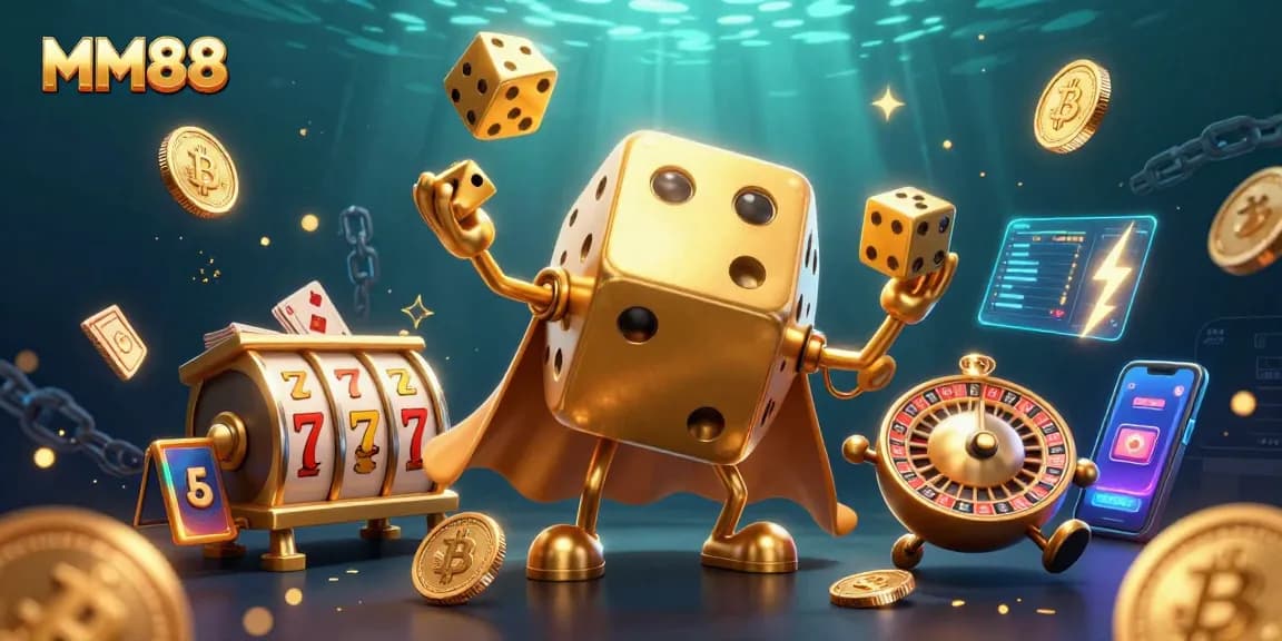 Experience the excitement of MM88 with golden dice and slot reels in this vibrant casino scene.