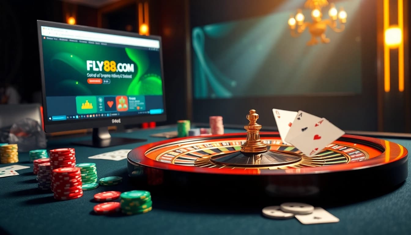 Experience thrilling gaming at FLY88.COM with vibrant cards, chips, and roulette wheels.