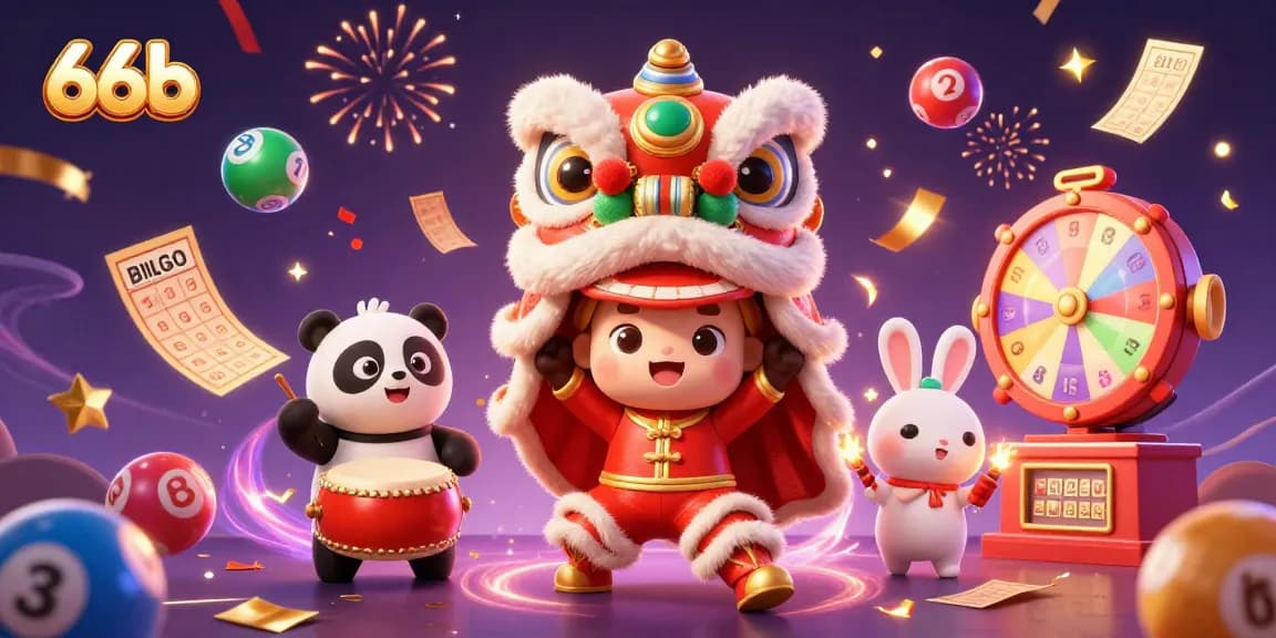 Experience the excitement of 66b with colorful lottery balls and festive characters in a casino setting.