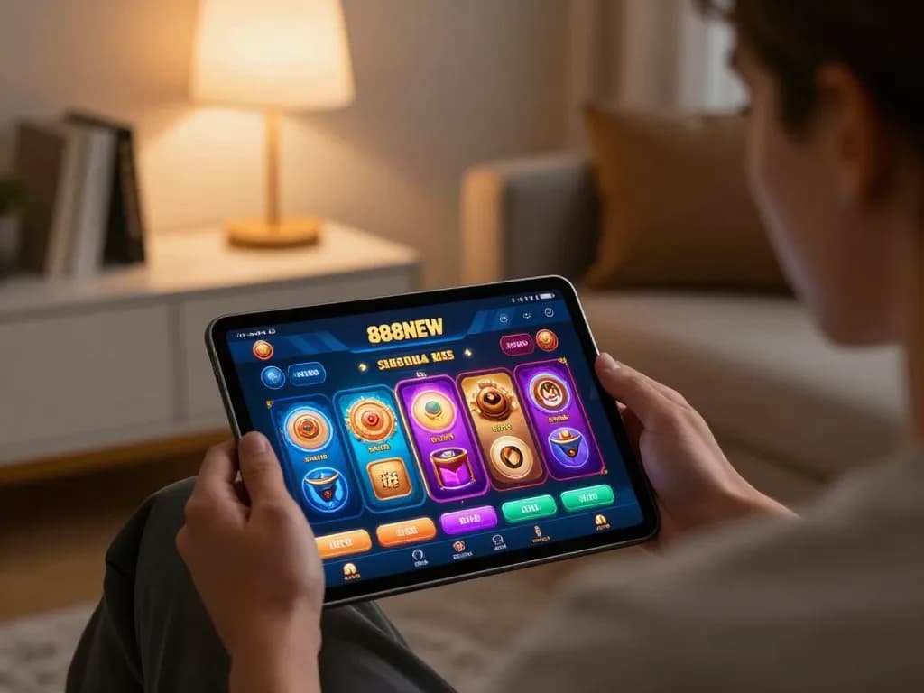 Player engaging with the 888NEW casino app on tablet, promoting responsible online gambling strategies.