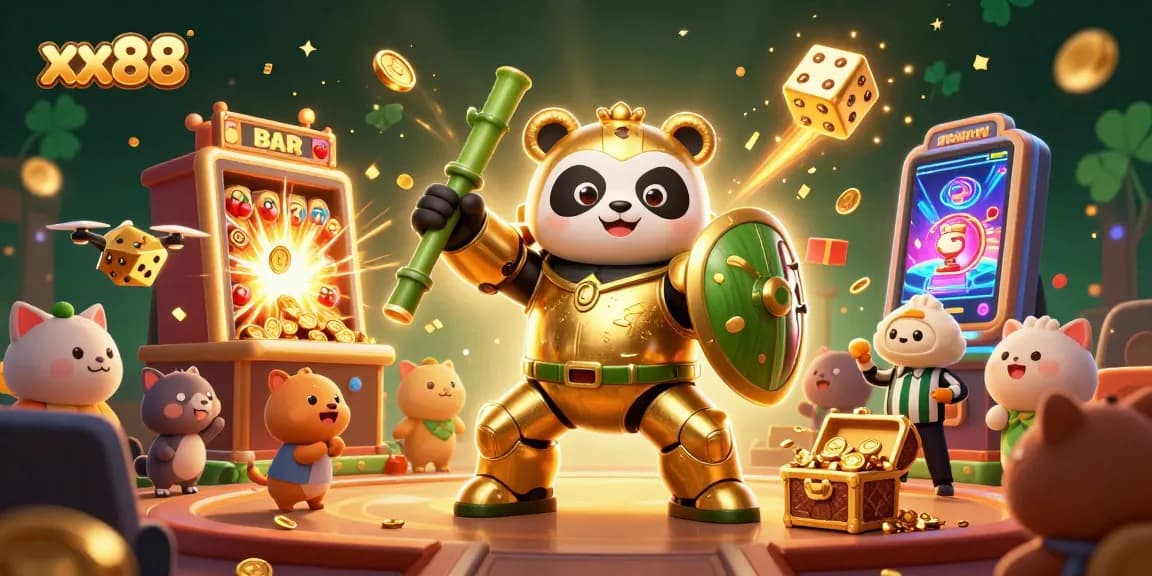 Experience thrilling action with xx88's cartoon mech-suit panda engaging in jackpot excitement in a vibrant casino.