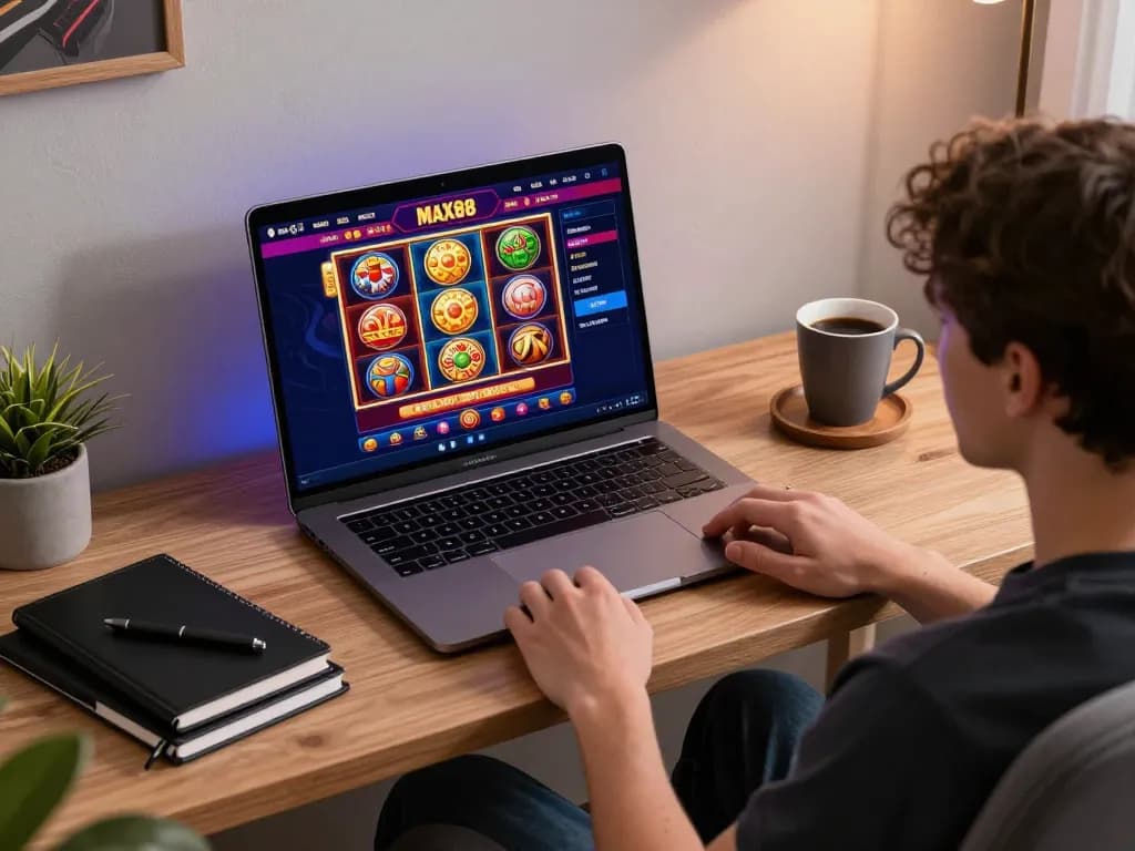Experience gaming excitement with link max88 on a laptop while enjoying a cozy home setup.