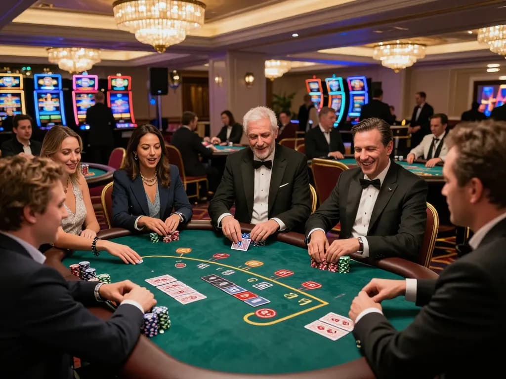 Join the excitement of RED88 blackjack with players at luxurious tables, chips in action.