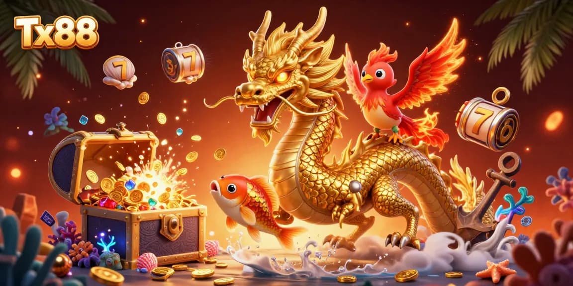 Engage with Tx88 vibrant gaming adventure featuring golden dragon and phoenix amidst riches.