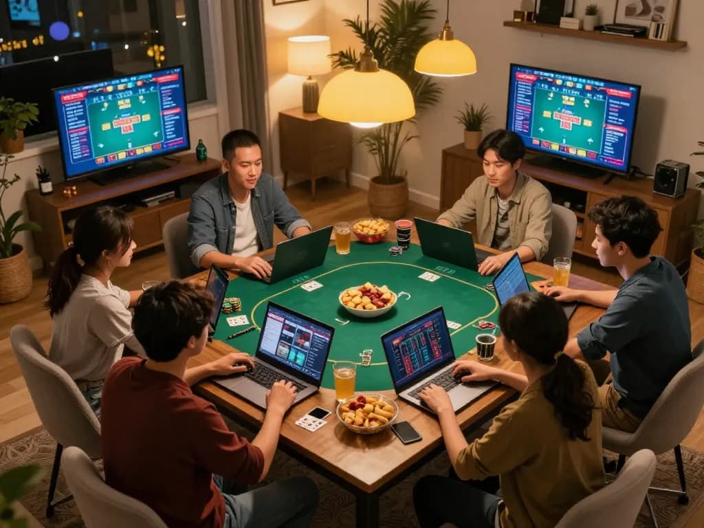 Friends playing online poker on laptops in a cozy living room, highlighting 789win gaming strategies.