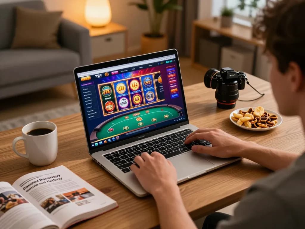 Engaging with the 789club online casino interface on a laptop in a cozy home office, showcasing strategic gaming.