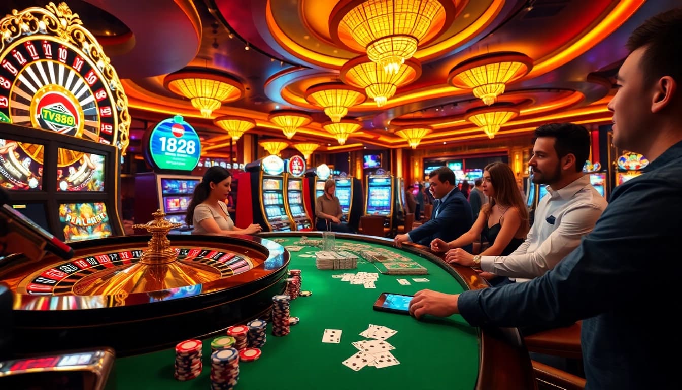 Experience the excitement of the TV88 game with professional dealers and vibrant casino elements.