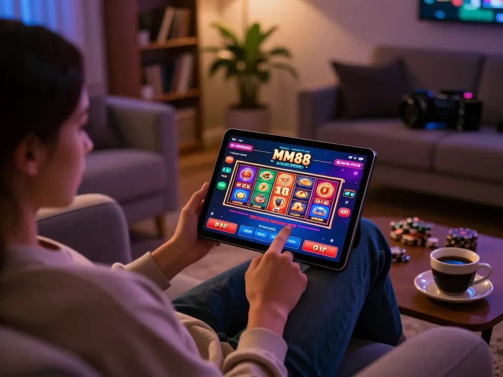 Engaging with the MM88 online casino interface on a tablet in a cozy home setting.