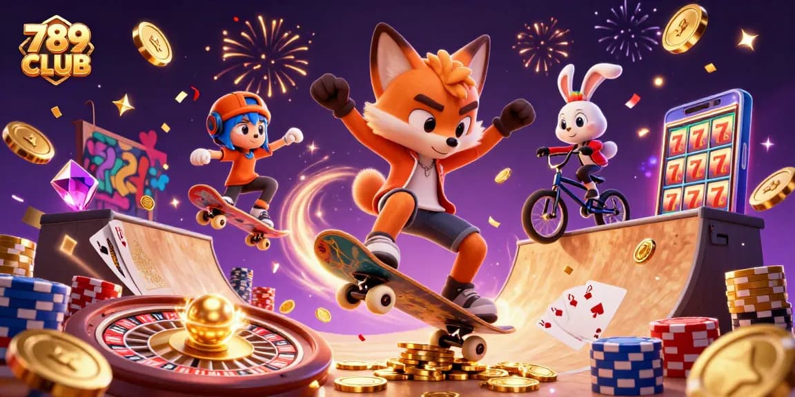 Experience the thrill of 789 CLUB with a dynamic scene featuring a skateboarder fox and BMX rabbit amidst casino excitement.