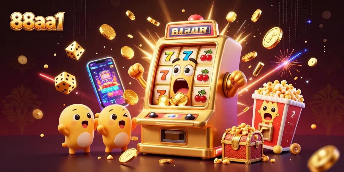 88aa1 slot machine hits jackpot as coins pour out with vibrant casino elements surrounding in a 3D illustration
