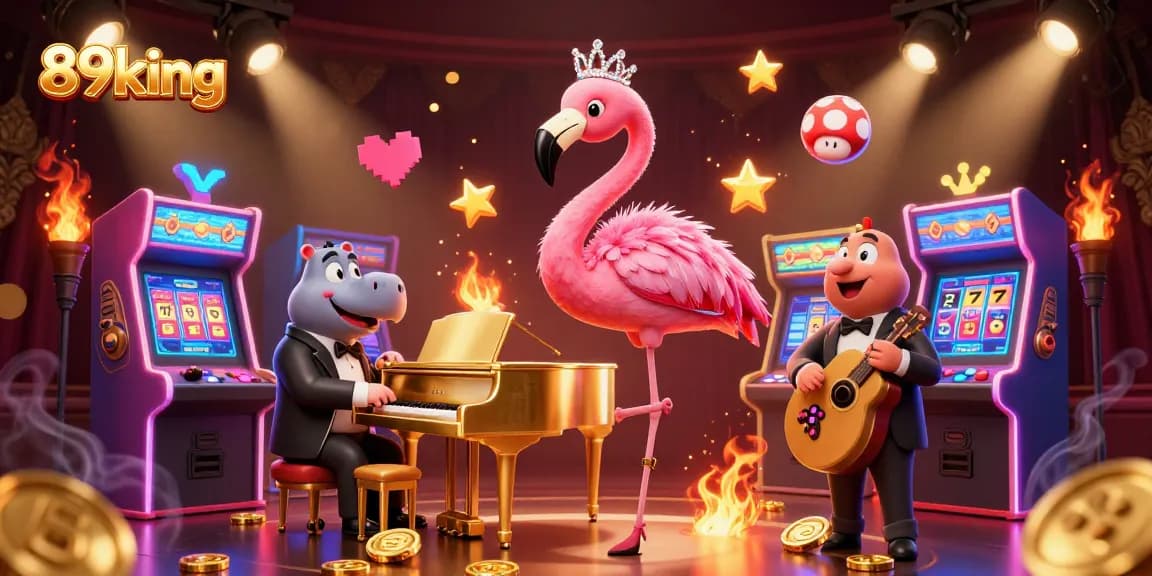 Win big with the 89king as flamingos and hippo engage in vibrant casino fun.