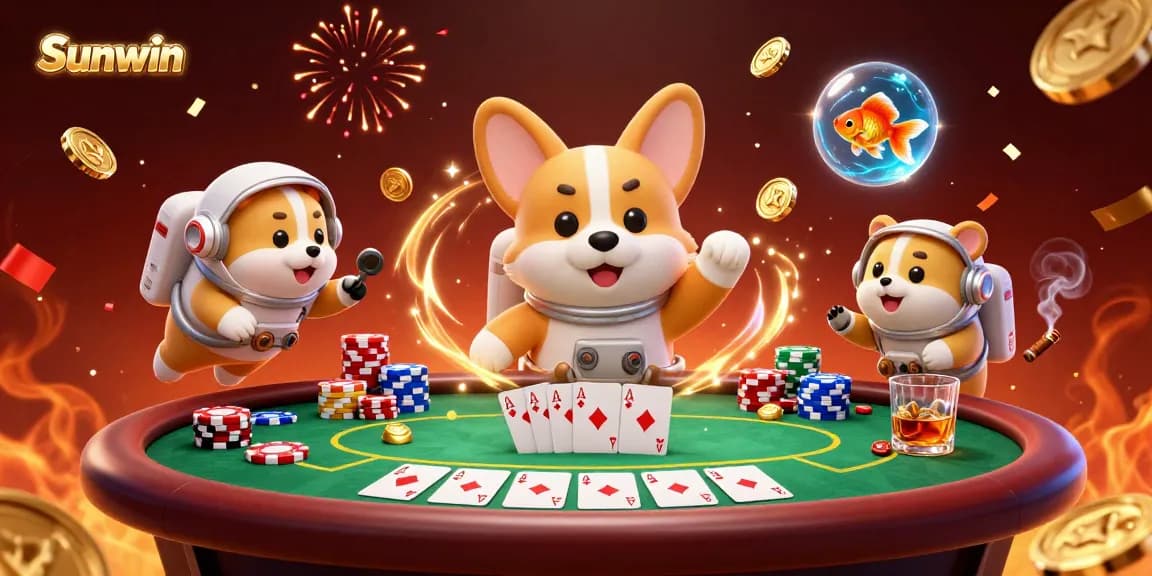 Experience Sunwin's vibrant online casino as a floating corgi navigates poker chips in a cosmic adventure.