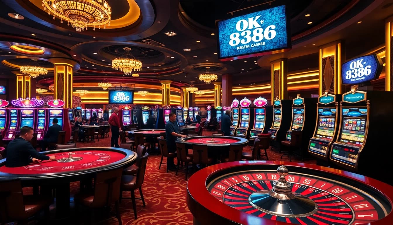 Players enjoying a vibrant casino atmosphere, highlighting the OK 8386 brand amid exciting games and luxury.