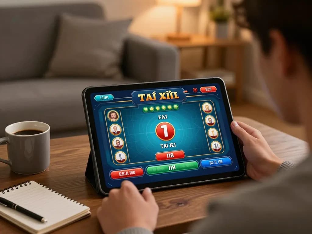 Tài xỉu uy tín gameplay on a tablet in a cozy home setting, capturing the essence of online gambling
