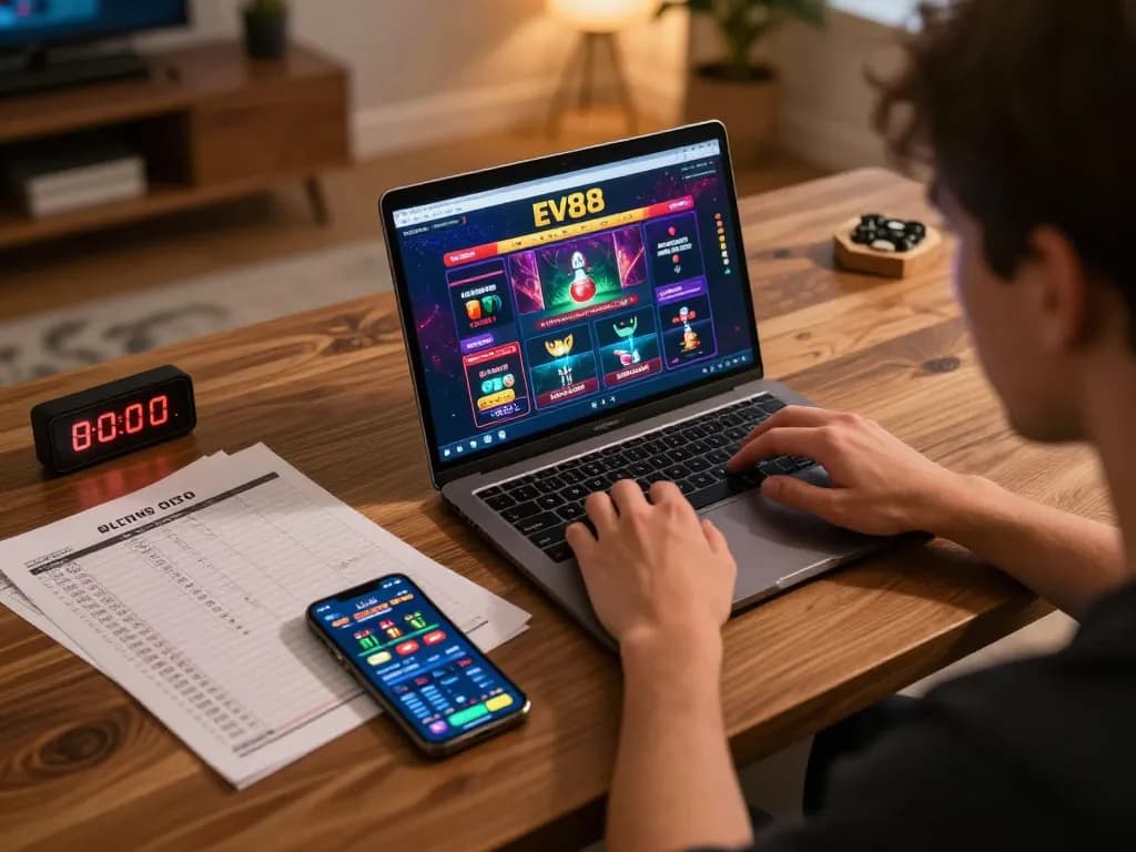 Engaging in online casino gameplay on Ev88 with strategic planning visible in the background.