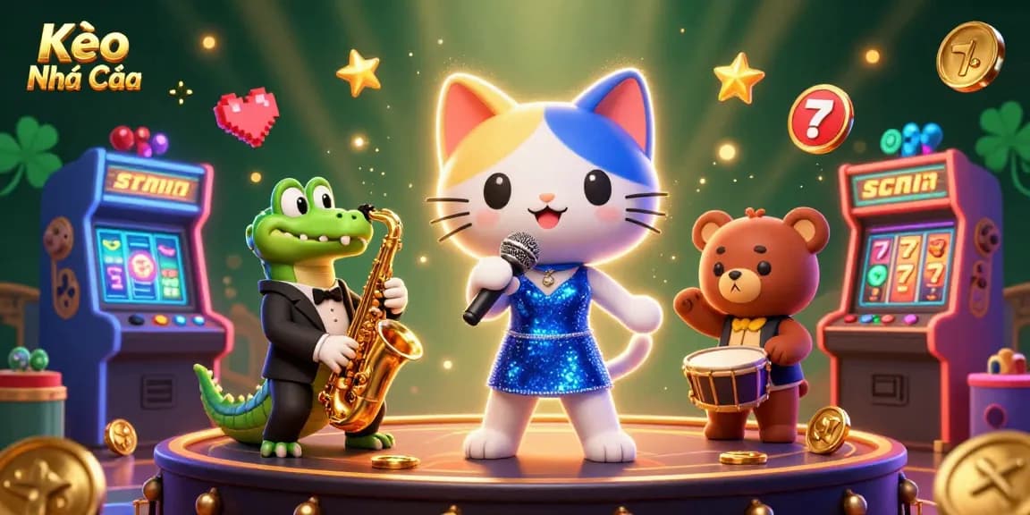 Engage with the Kèo Nhà Cái experience featuring vibrant casino characters and slot elements.