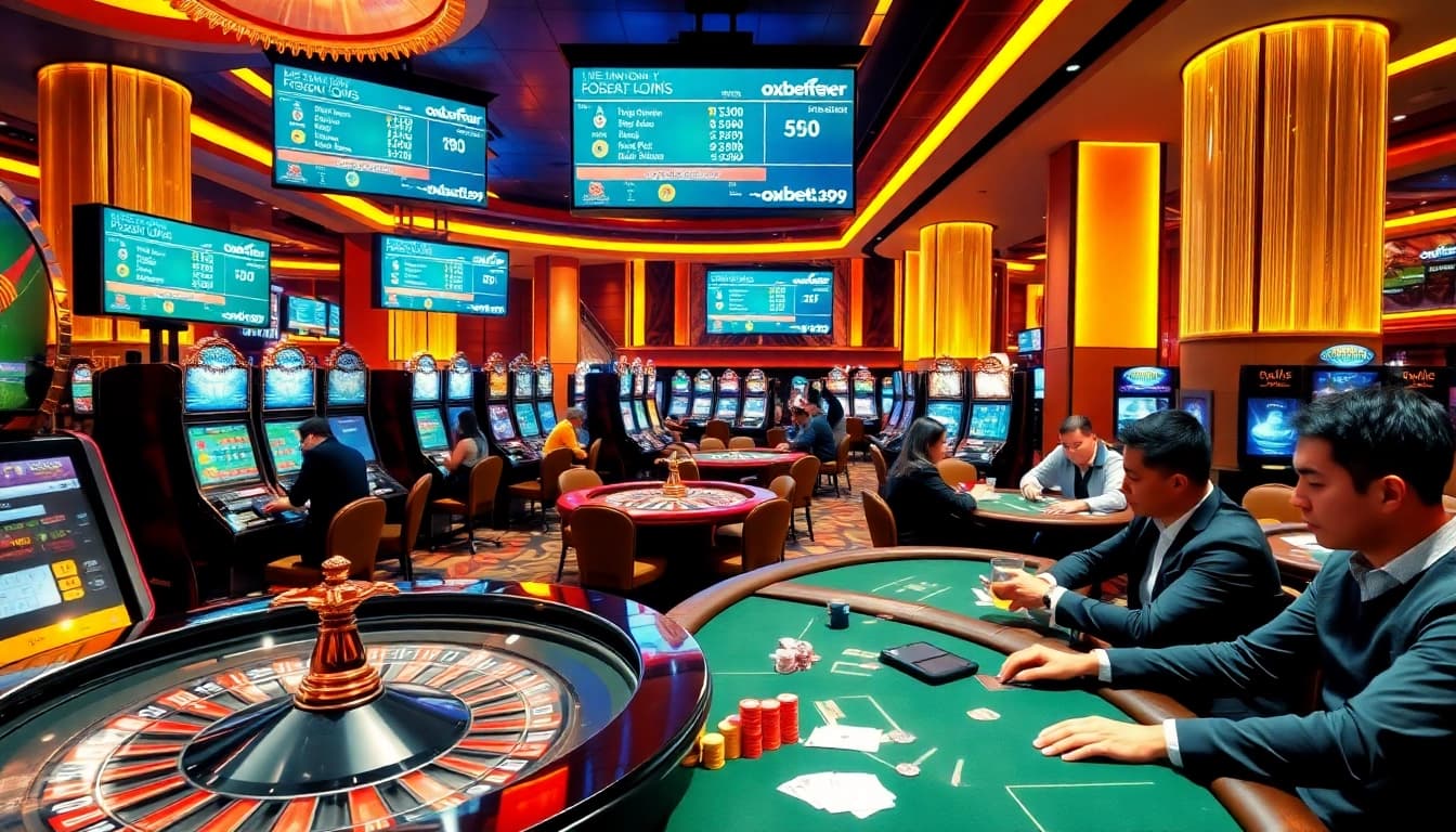Players engaging in dynamic casino games at https://oxbet89.com/, featuring vibrant slot machines and poker tables.