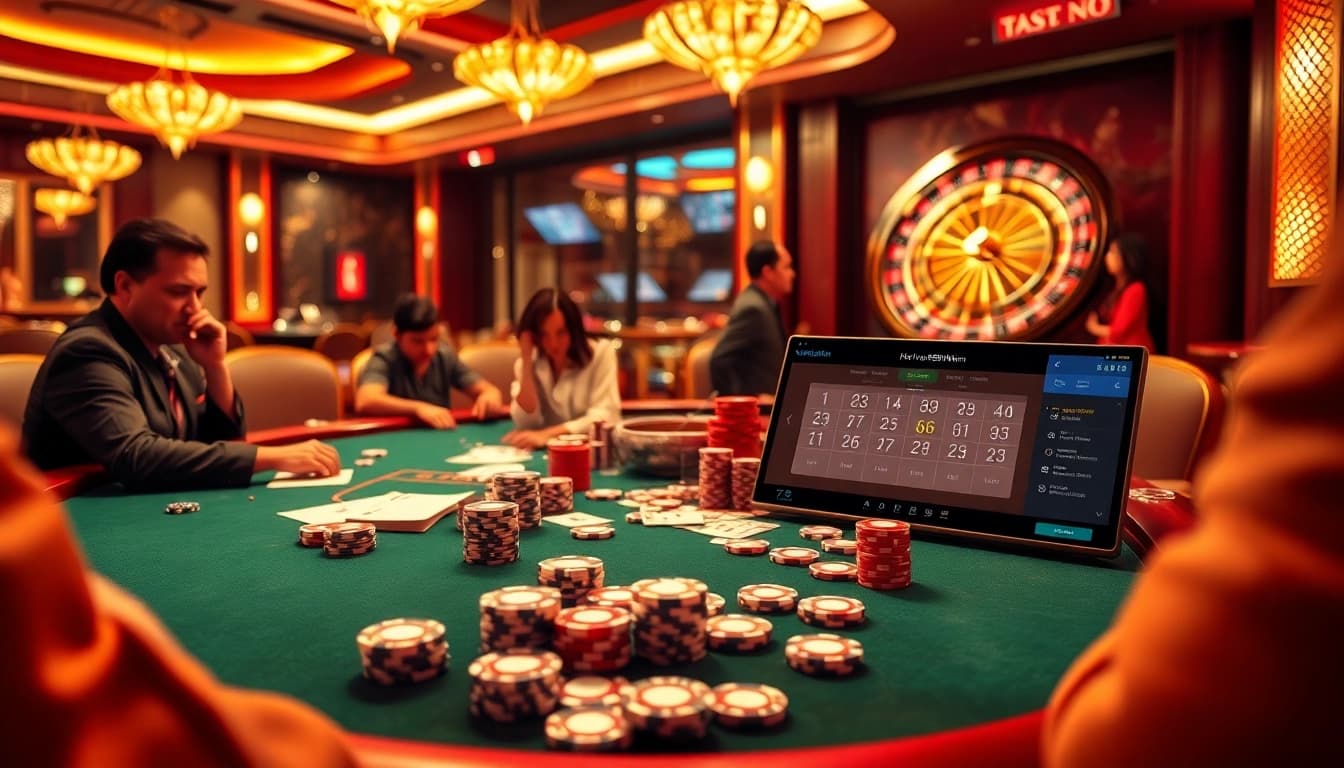 Experience the thrill of gambling at https://win58win.com/ with players enjoying poker and roulette in a luxurious casino setting.