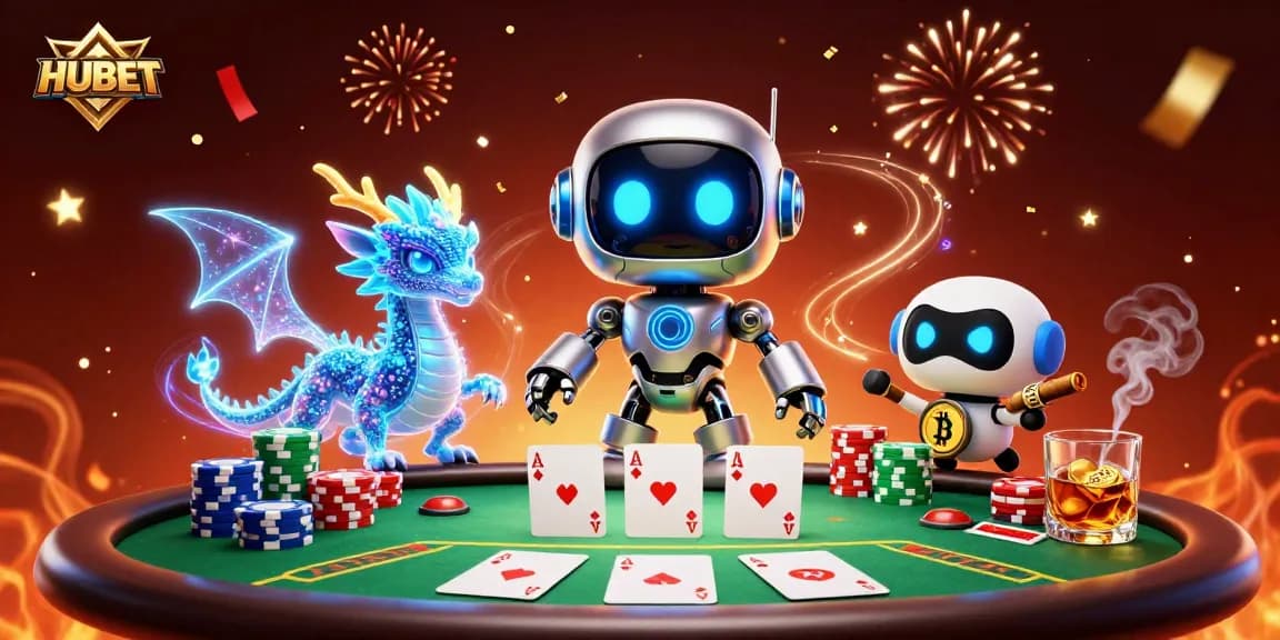 Engage with HUBET's thrilling poker scene featuring a cyberpunk robot and poker elements.