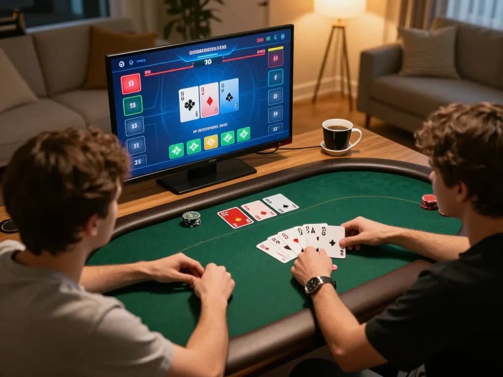 Players strategizing during an online poker game with BL555, highlighting a modern gaming setup.