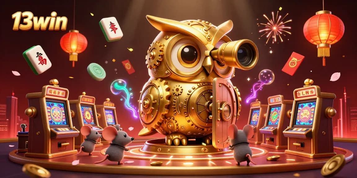 Engage in thrilling gaming at 13win with a majestic owl surveying casino action and vibrant game symbols.