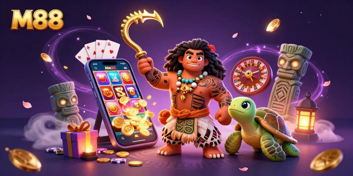 M88 demigod engaging with vibrant casino elements, offering dynamic gaming experience