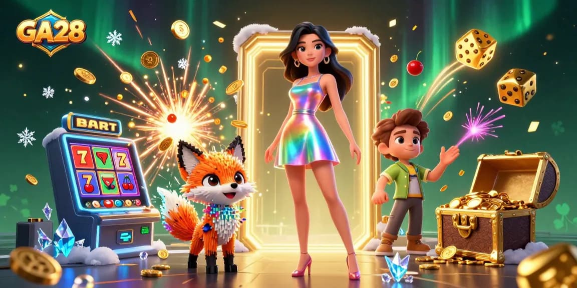 Experience GA28's thrilling jackpot excitement with vibrant 3D casino illustration featuring slots and dynamic characters.