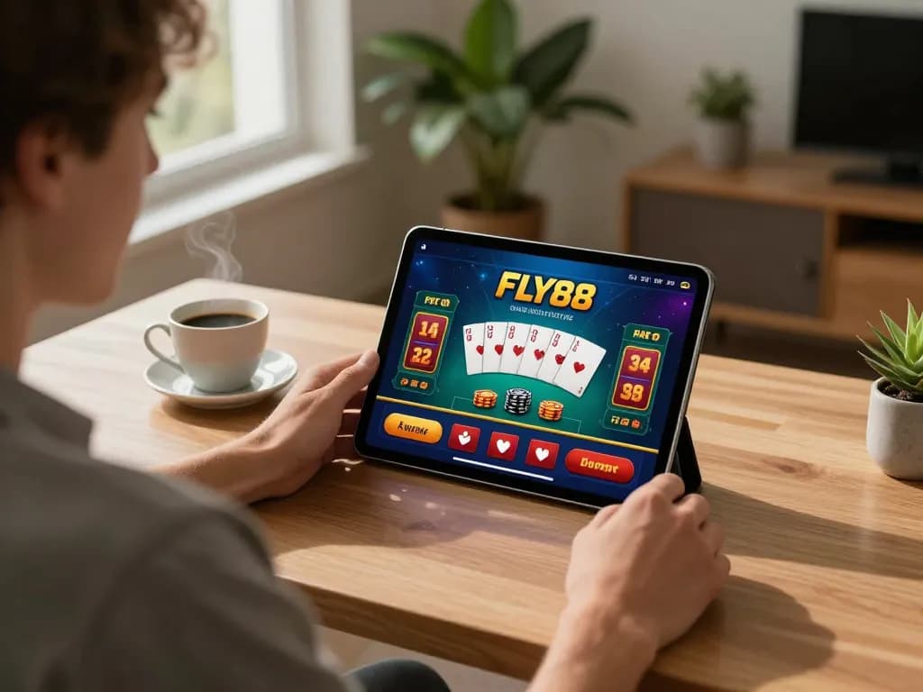 FLY88 online gaming experience showcasing a player engaging with casino app in a cozy home setting.
