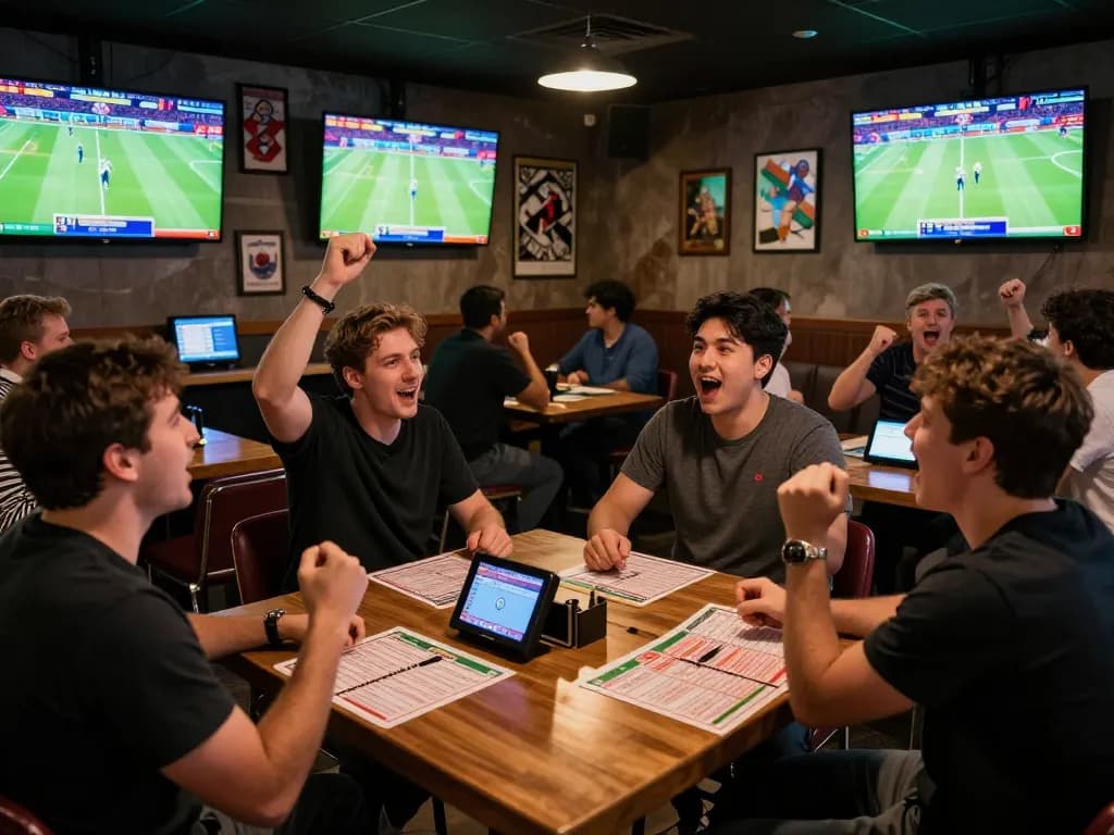 Exciting sports betting scene at a bar where patrons discuss bets on 1gom.