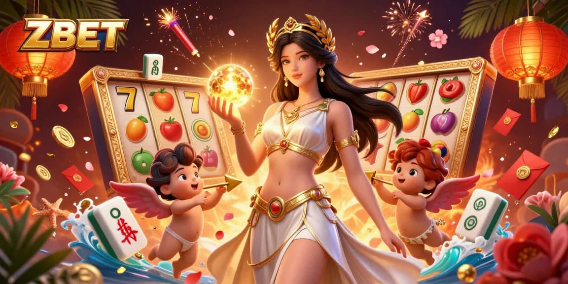 ZBET captivates with a dazzling casino scene featuring a stunning goddess, cherubs, and exciting slot game elements.