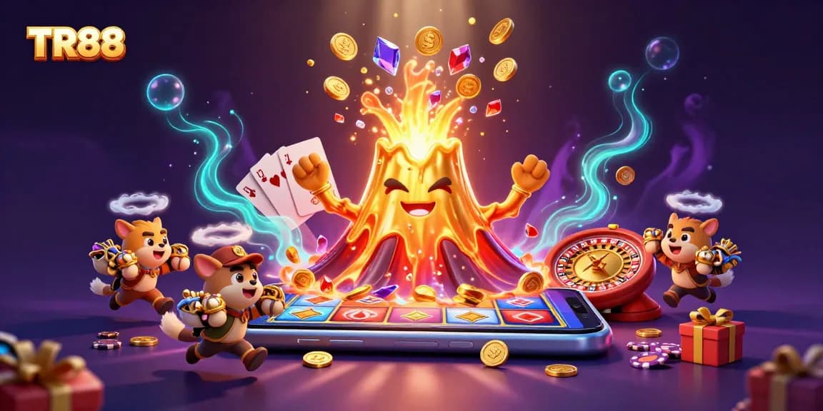 TR88 attracts players with a vibrant 3D illustration of a golden volcano erupting treasures in a dynamic casino scene.