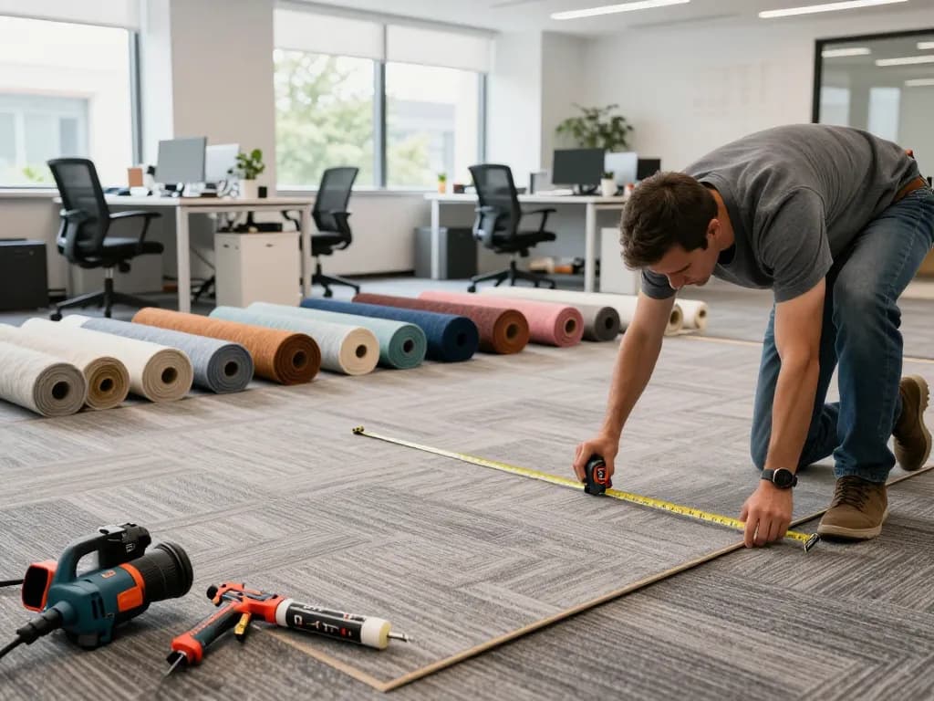 Professional commercial carpet installation in a modern office, showcasing skilled installer working with high-quality materials.