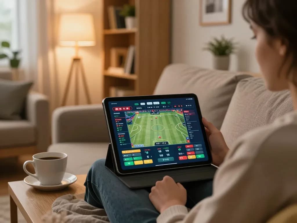 Engaging in GA88 online sports betting from a cozy living room with a tablet interface.