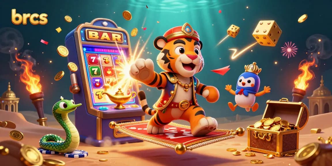 Experience thrilling gameplay at brcs with animated casino scenes featuring vibrant slot machines, dice, and gold treasures.