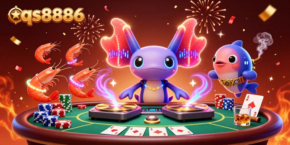 Join the excitement at qs8886 with vibrant casino action featuring an axolotl DJ and poker elements