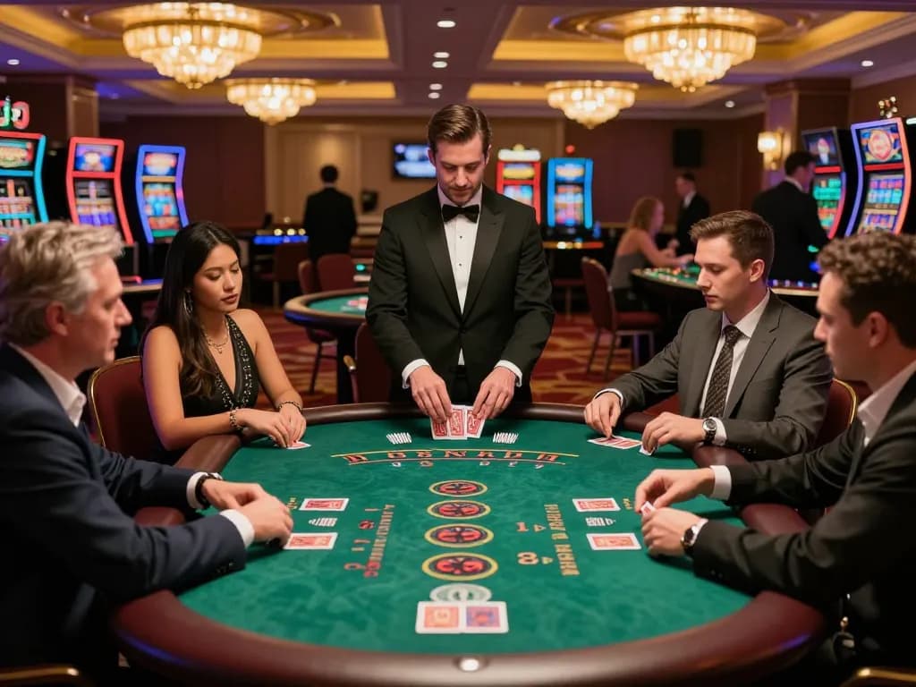 Players strategizing at a blackjack table at QQ88 casino, showcasing the excitement of gambling.