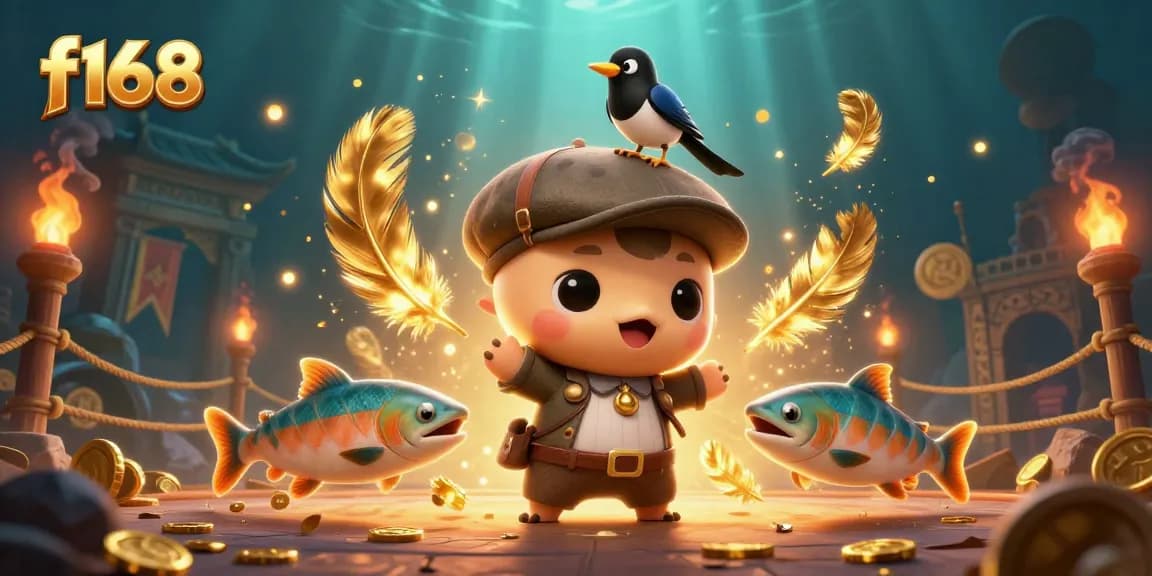 Join the f168 adventure, as Nessie and friends play among vibrant coins and banners in a fantasy casino.