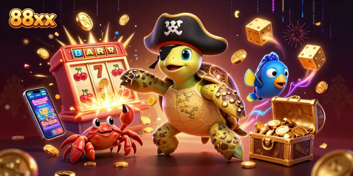 Engage with 88xx at a thrilling casino scene featuring a pirate turtle and festive jackpot elements.