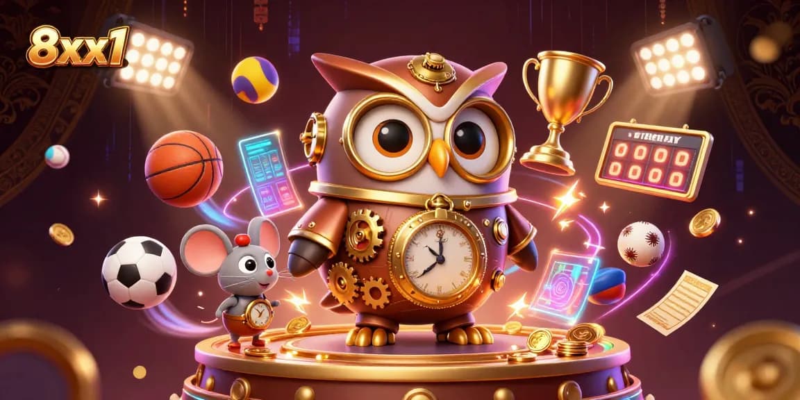 Experience thrilling gaming with 8xx1 in this vibrant 3D casino scene featuring dynamic sports elements.