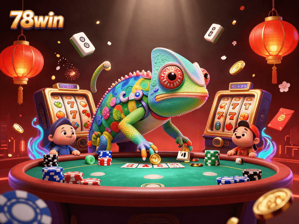 78win showcases a vibrant chameleon casino owner amidst slot reels and poker tables.