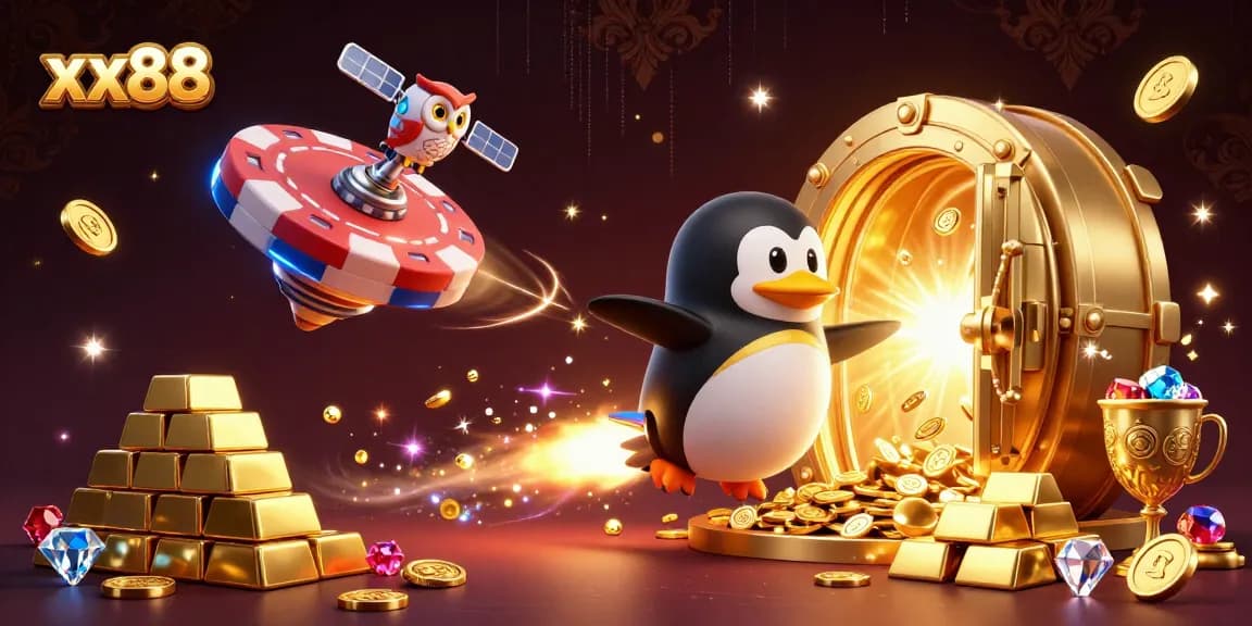 Experience the thrill of gaming at xx88 with a golden penguin racing towards a casino space station.