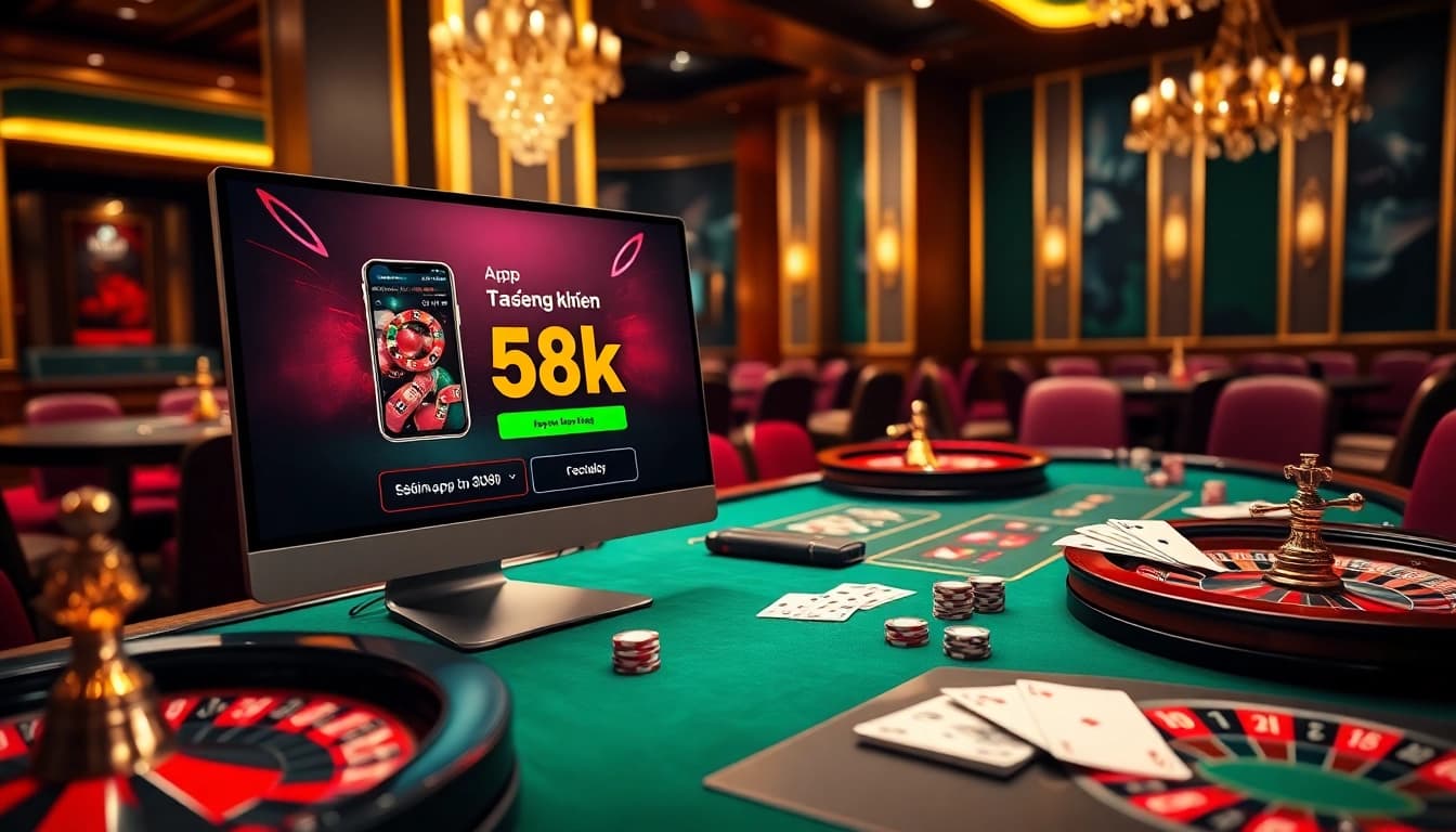 The scene showcases online gambling excitement with the app - đăng ký nhận 58k promotional offer surrounded by casino tables and gaming elements.