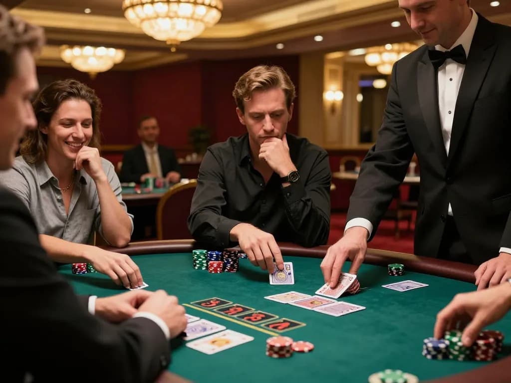 MM88 players strategizing big bets at an upscale blackjack table in a lively casino setting