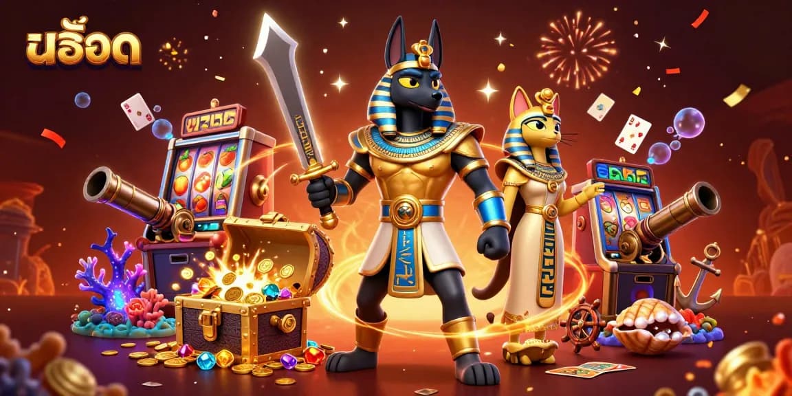 Spin the สล็อต reels for big wins with Anubis and Bastet in a vibrant casino scene.
