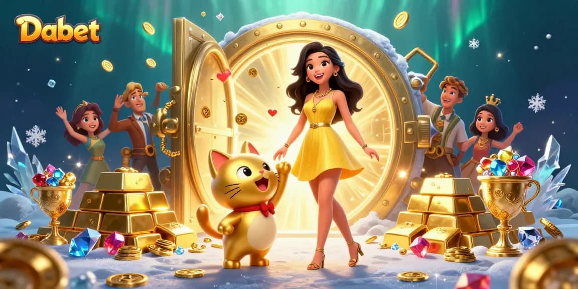 Dabet players enjoy casino games amidst golden treasures in this engaging illustration.