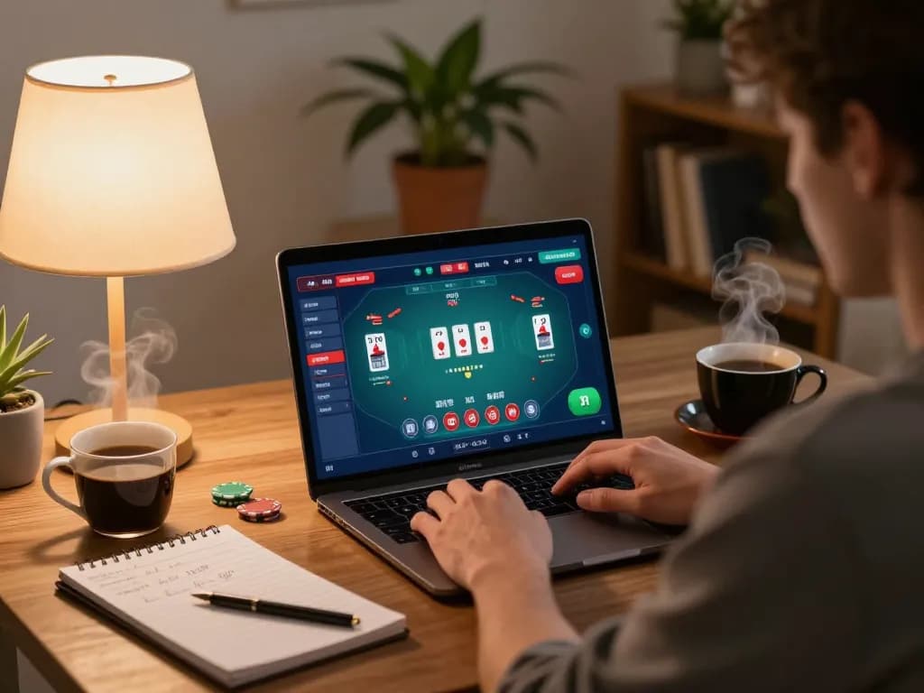 Engaging in poker on trang chủ go88 using a laptop in a cozy home setting with strategic notes.