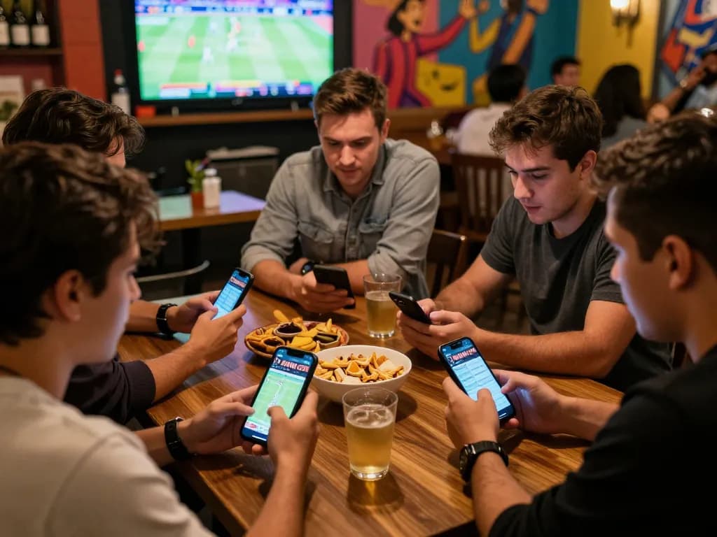 Engaged friends using KUWIN. COM for live sports betting during a social gathering