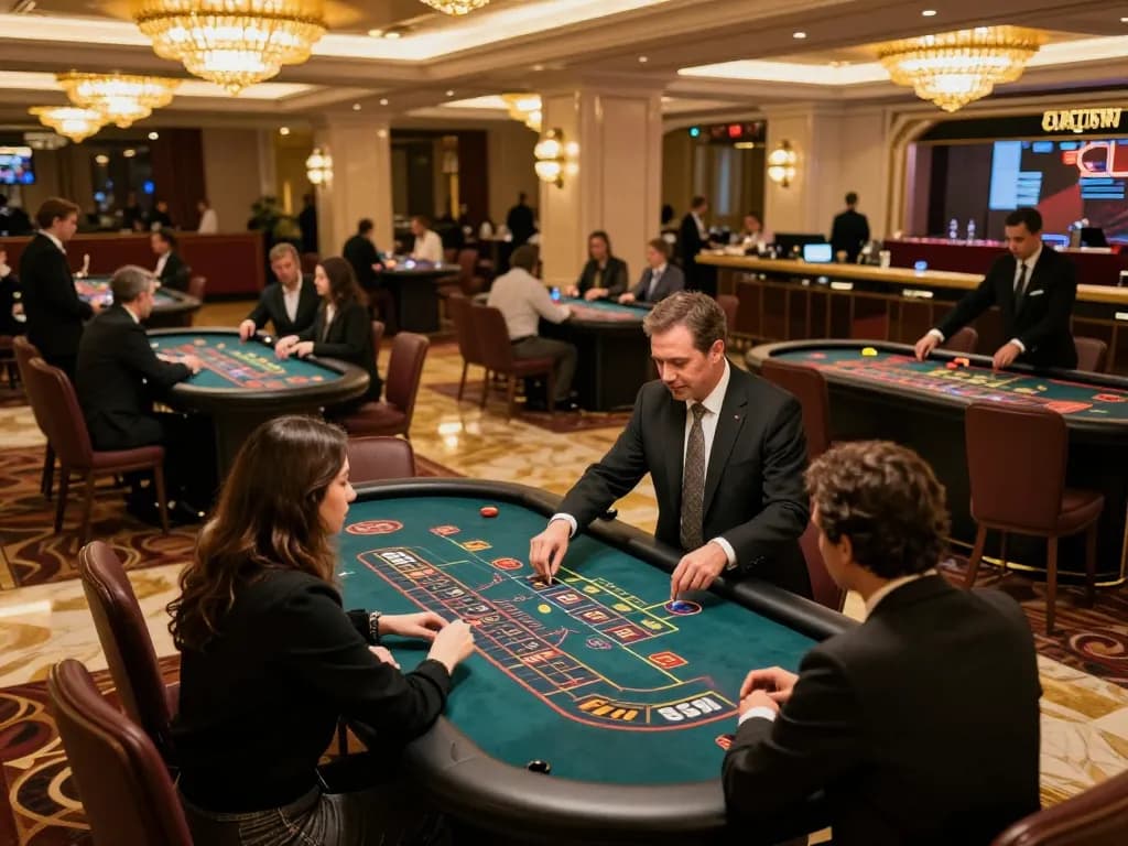 Excited players enjoy strategic betting at x88 com casino tables in a luxurious setting.