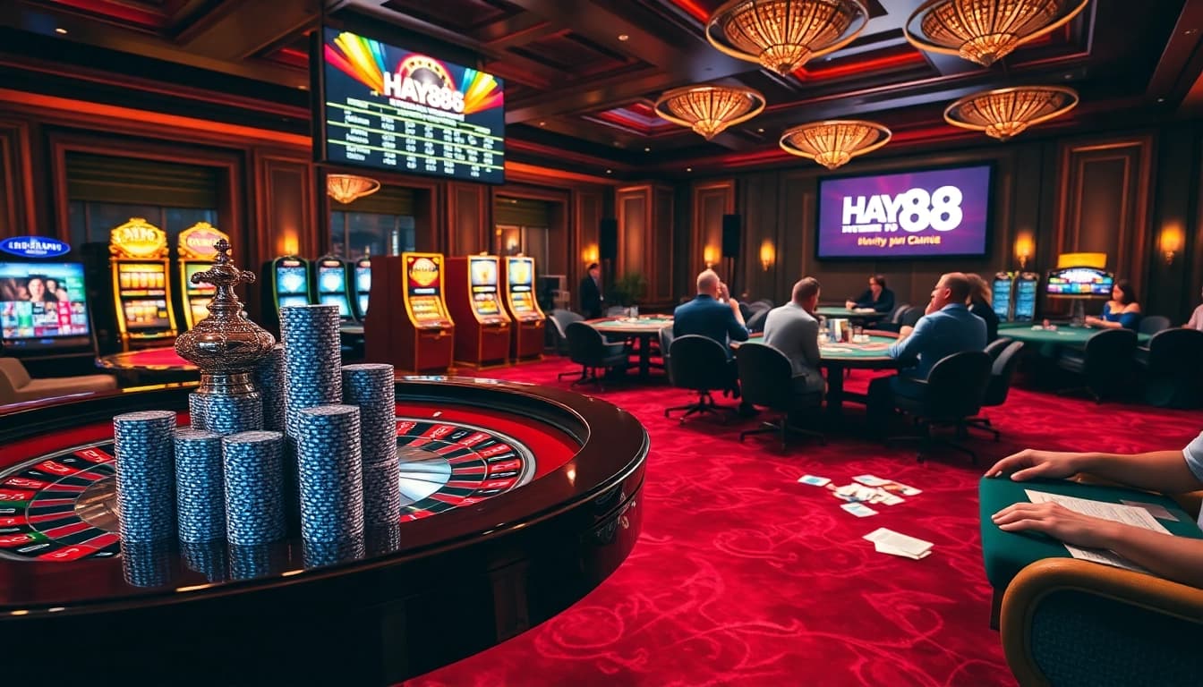 Experience the thrilling gaming action at HAY88 with vibrant casino tables and excited gamblers.
